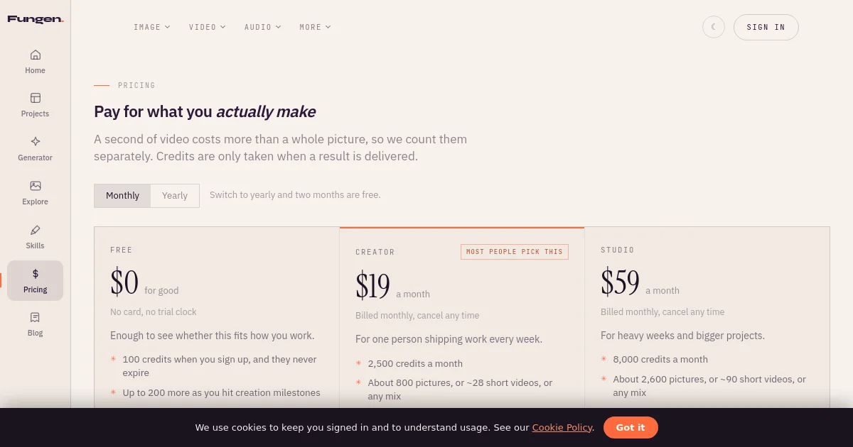 FunGen pricing page