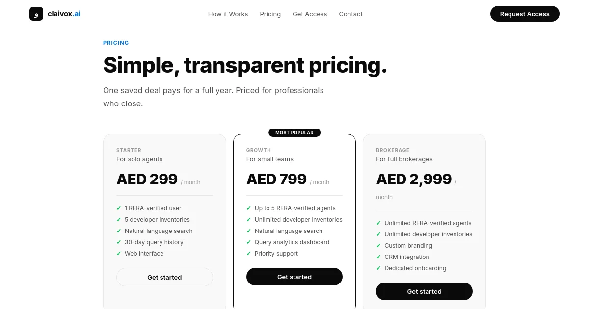 Claivox pricing page