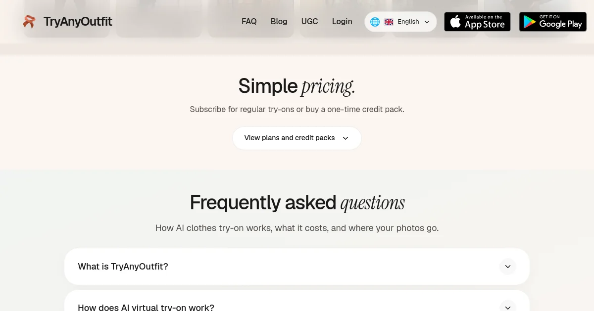 TryAnyOutfit pricing page