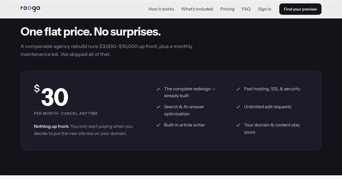 Rooga pricing page