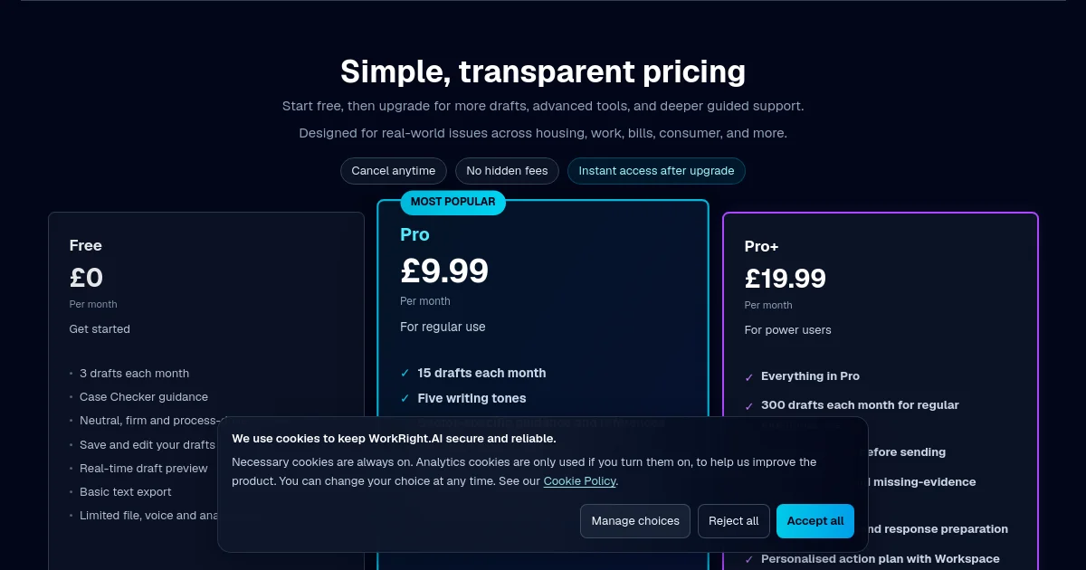 Workright.AI pricing page