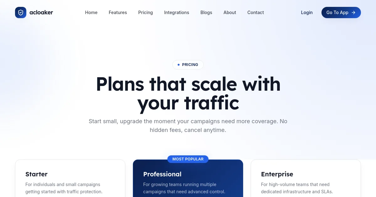 Acloaker pricing page
