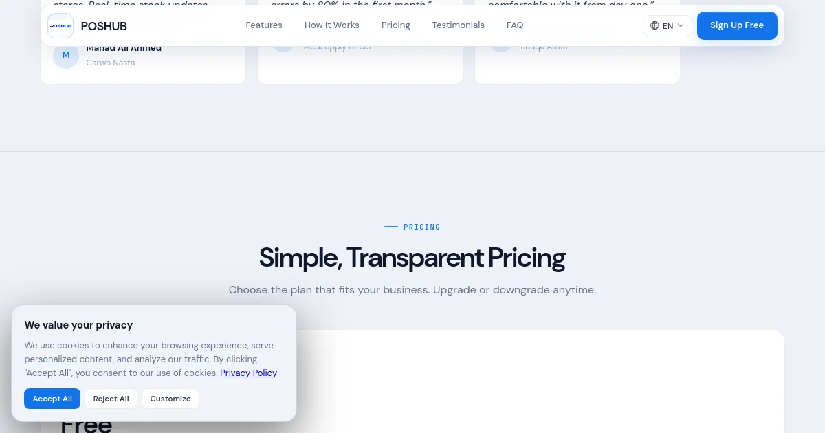 Poshub pricing page