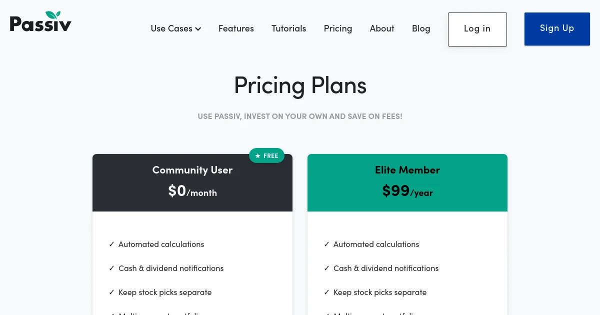 Passiv pricing page