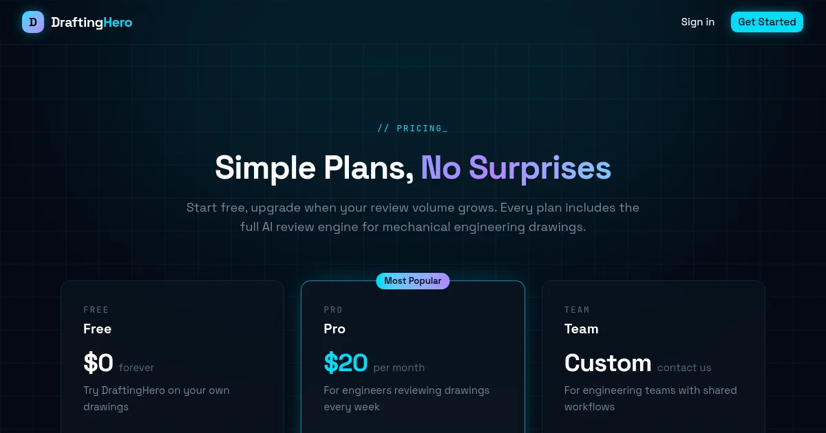 Draftinghero pricing page