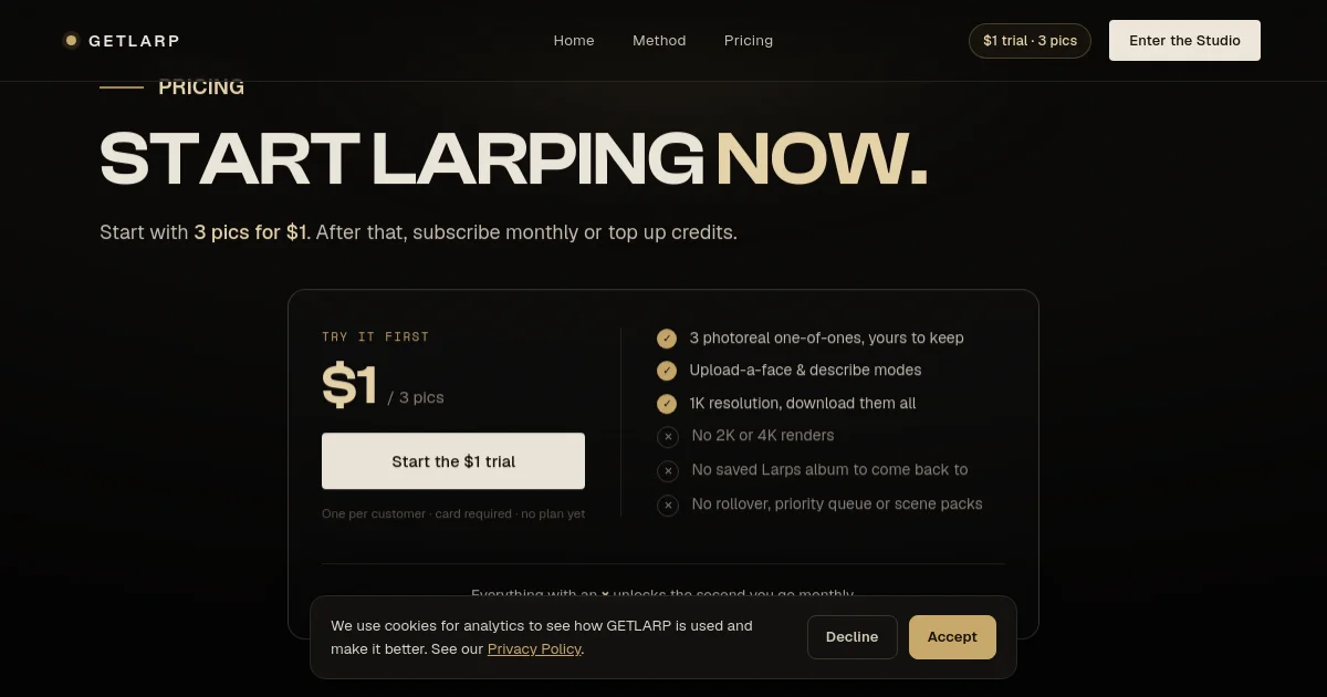 Getlarp pricing page