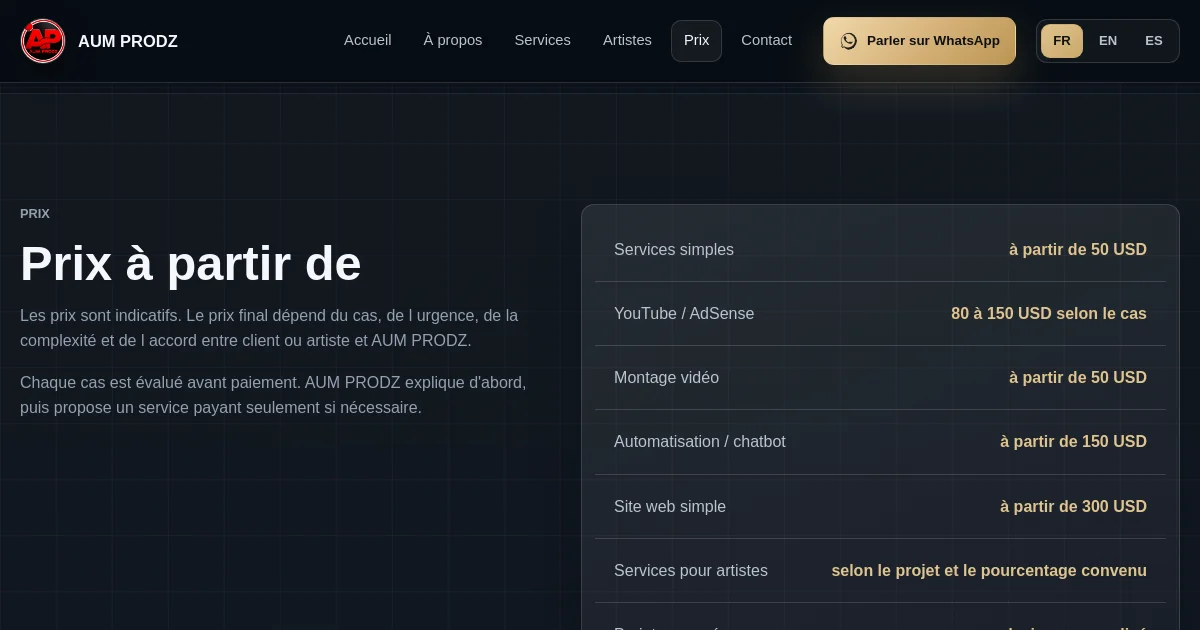 Aum Prodz Spa pricing page