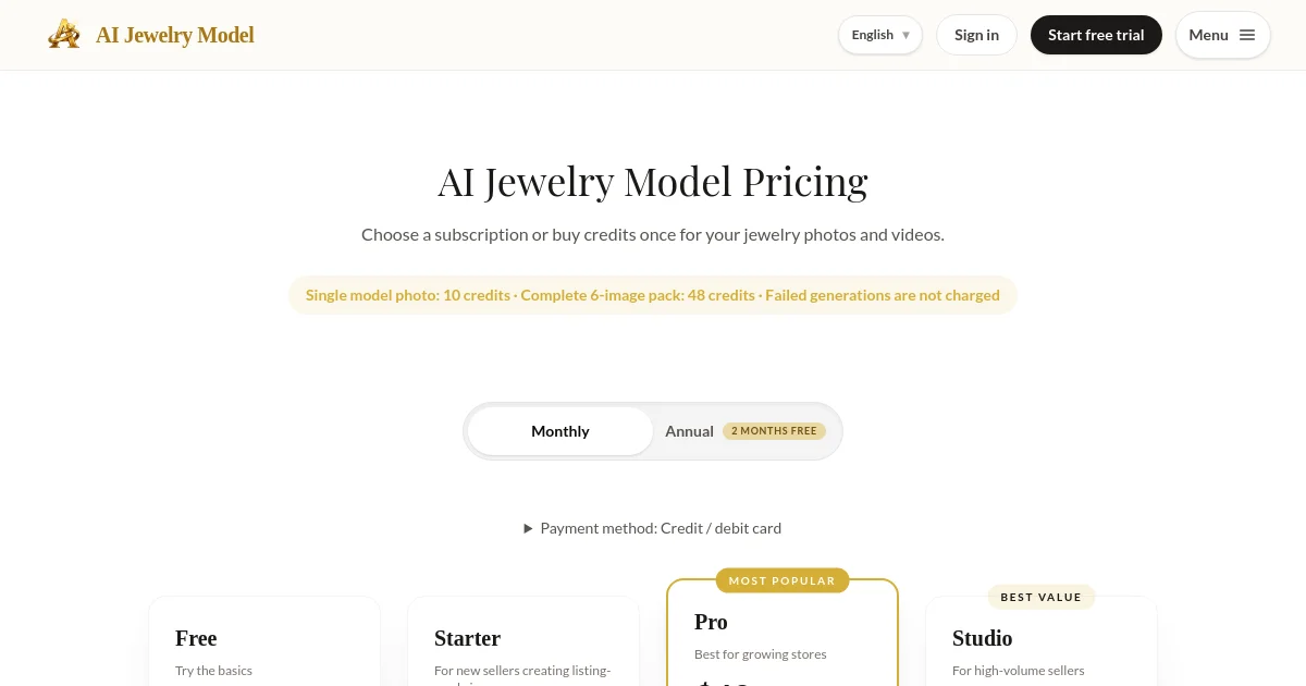 AI Jewelry Model pricing page