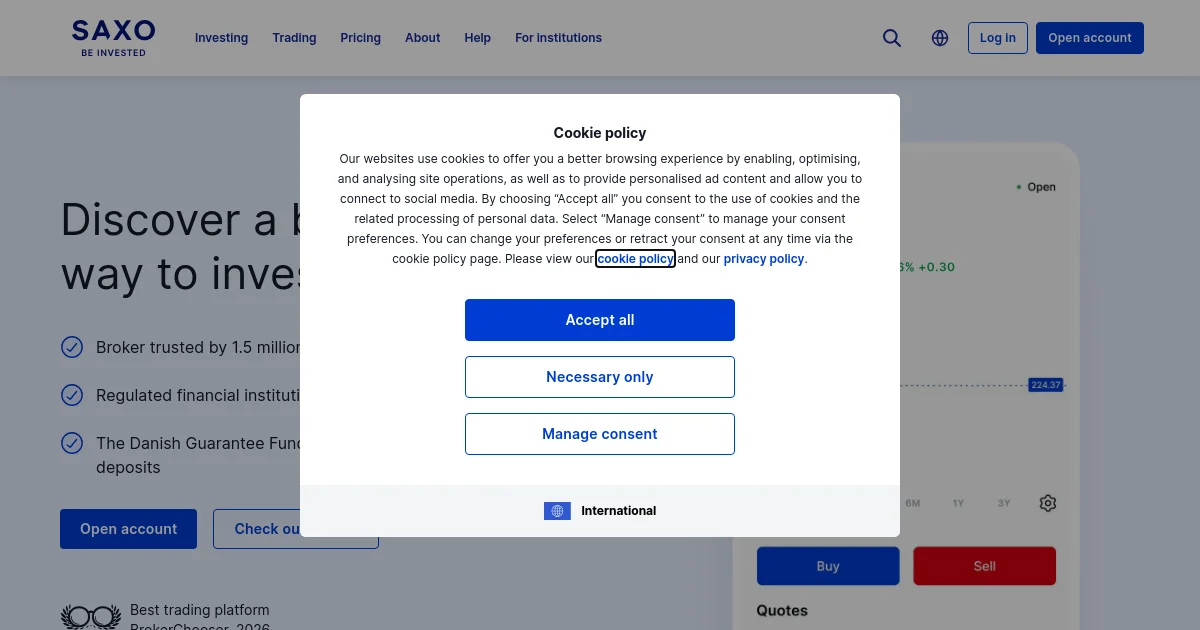 Saxo Bank pricing page