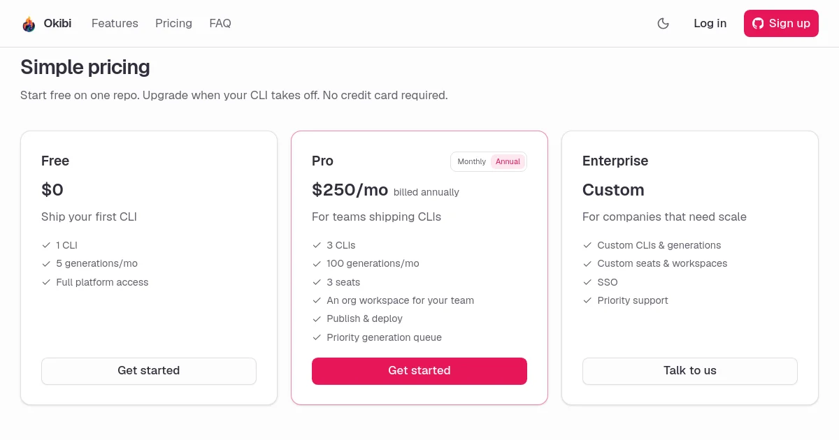 Okibi pricing page