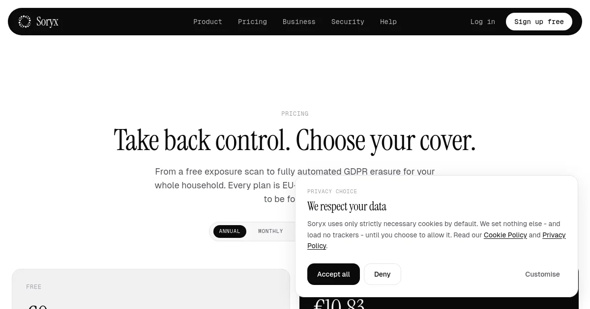 Soryx pricing page