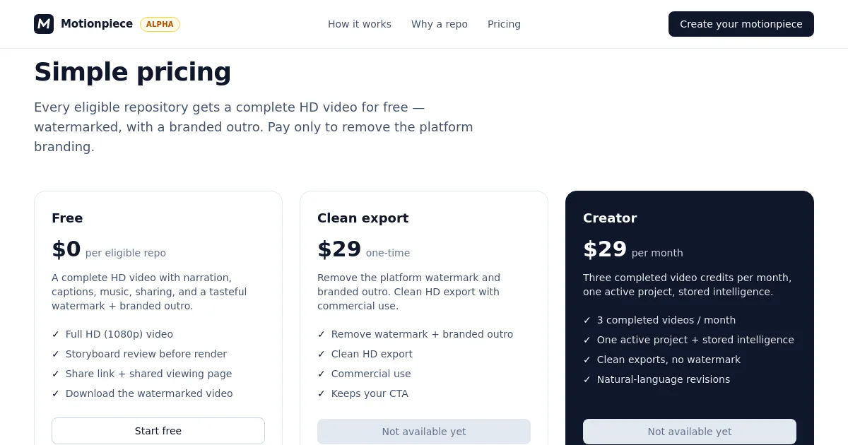 Motionpiece pricing page