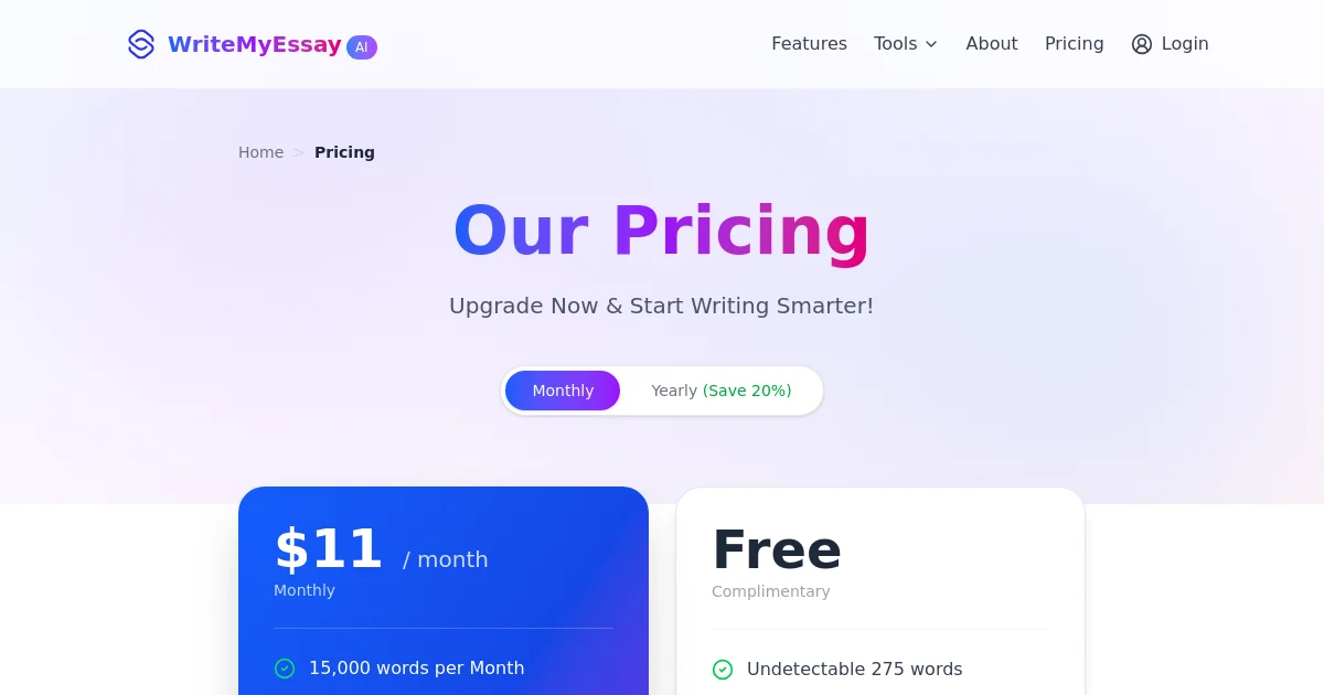 WriteMyEssay.AI pricing page