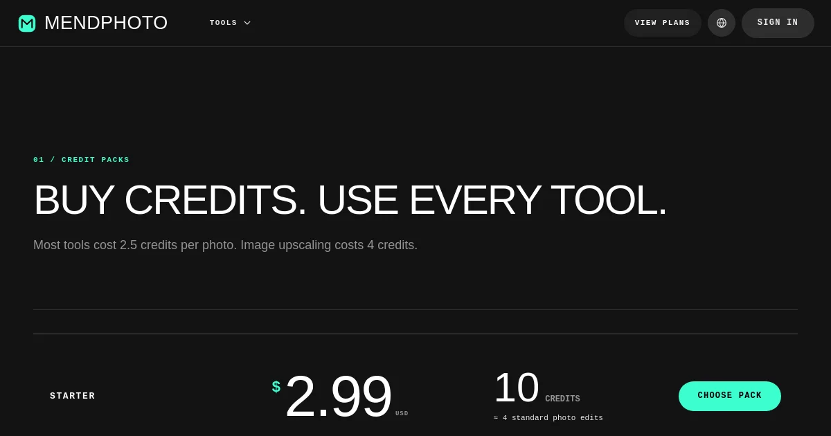 MendPhoto pricing page
