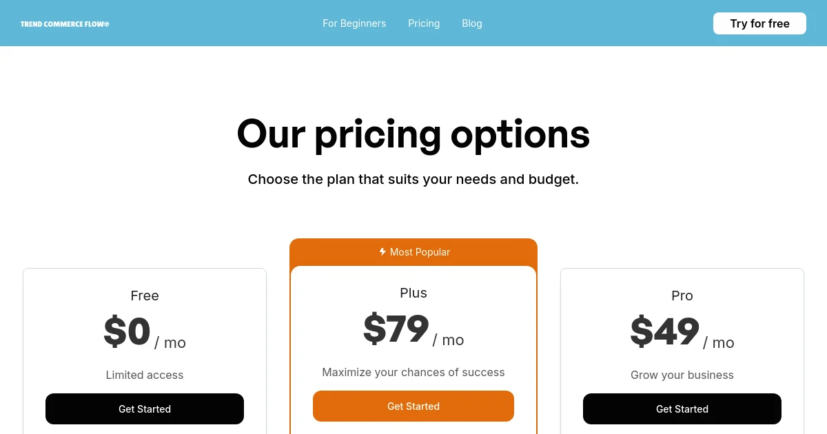 Trendcommerceflow pricing page