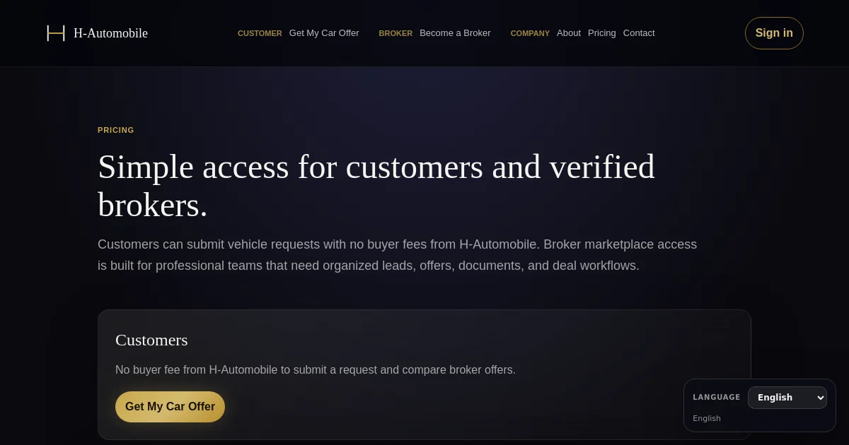 H Automobile pricing page
