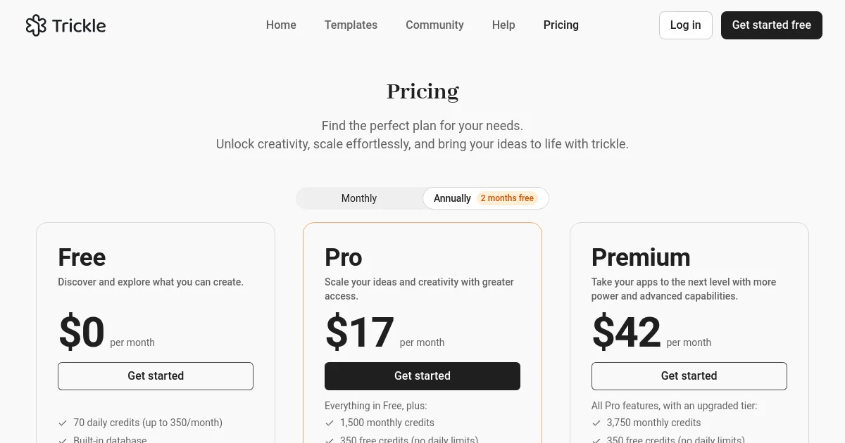Trickle pricing page
