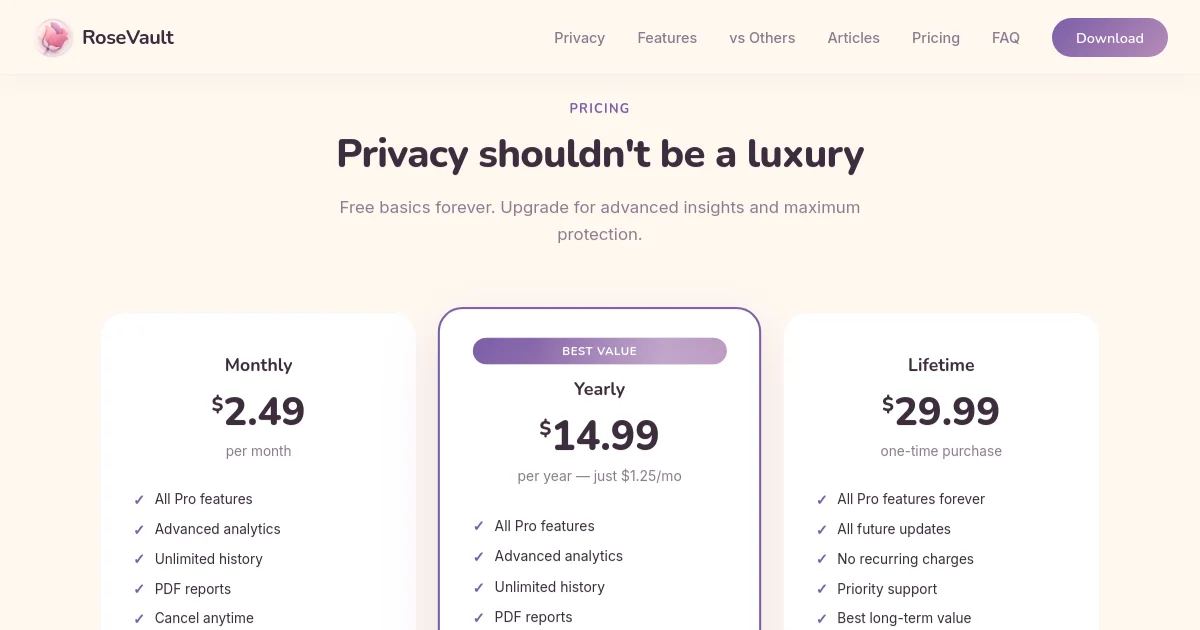Rosevault pricing page