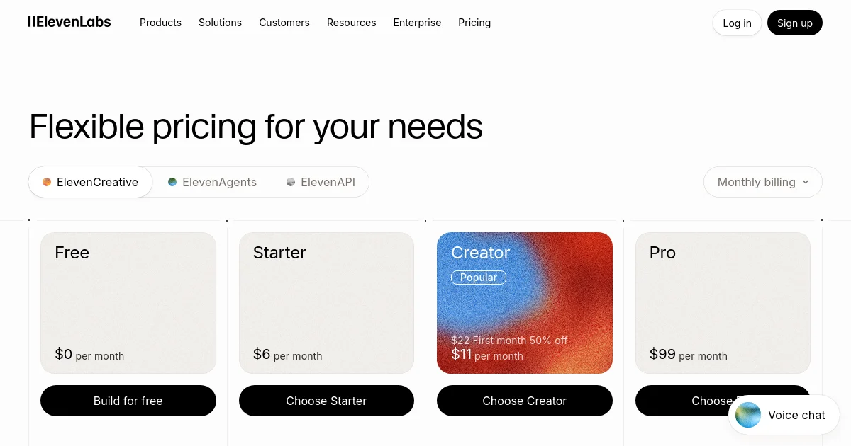 ElevenLabs pricing page