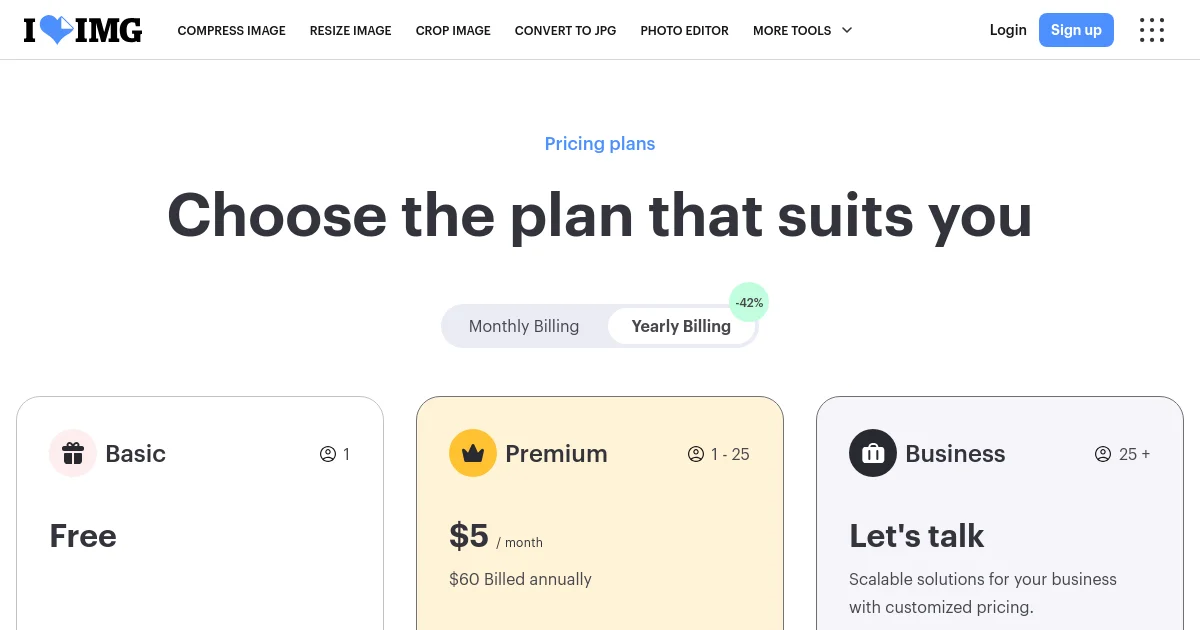 Iloveimg pricing page