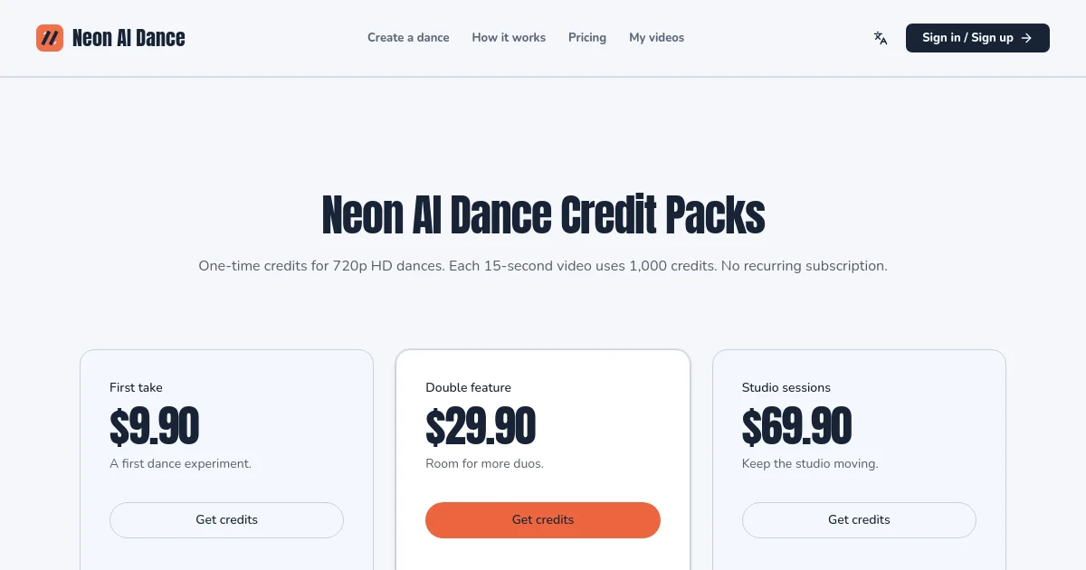 Neon AI Dance pricing page