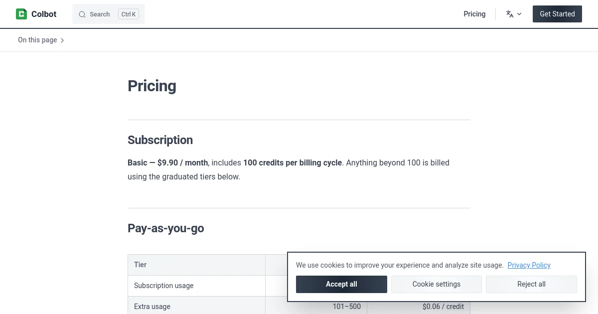 Colbot pricing page