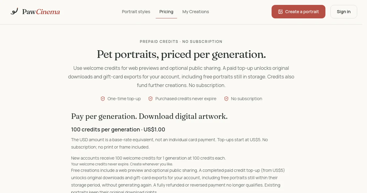 PawCinema pricing page