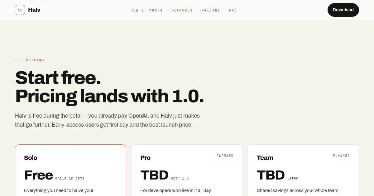 Halv pricing page