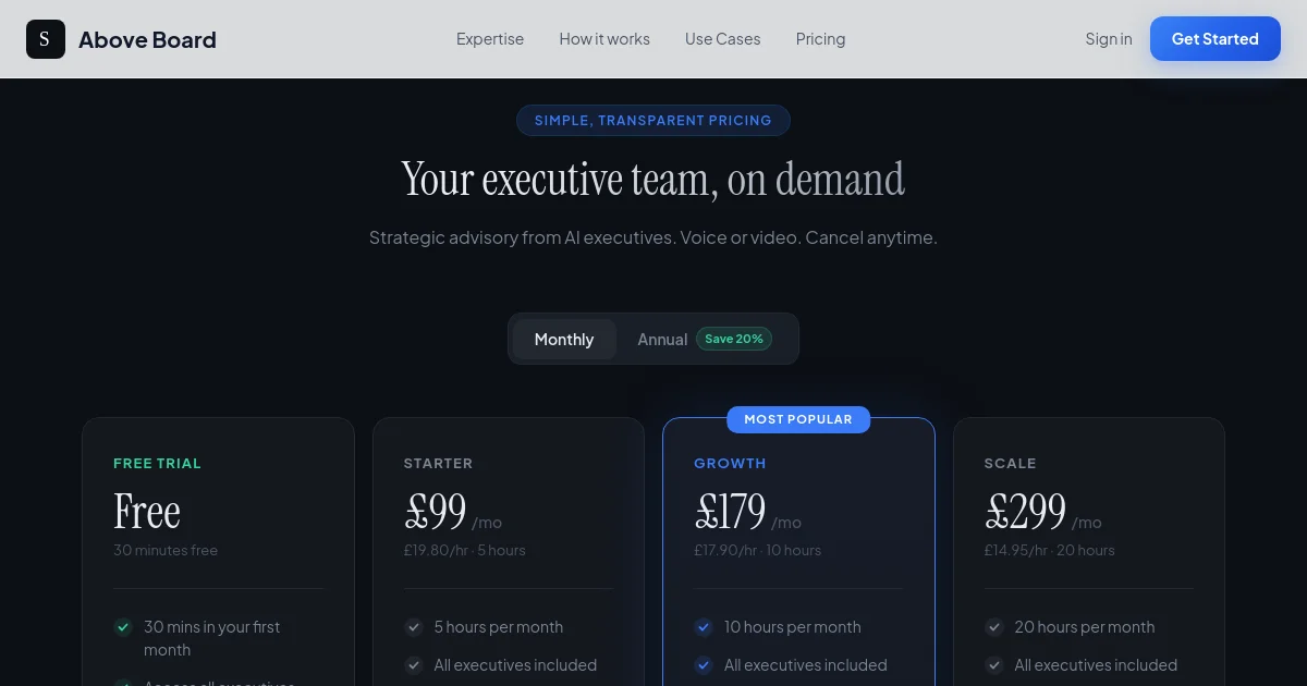 Above Board pricing page