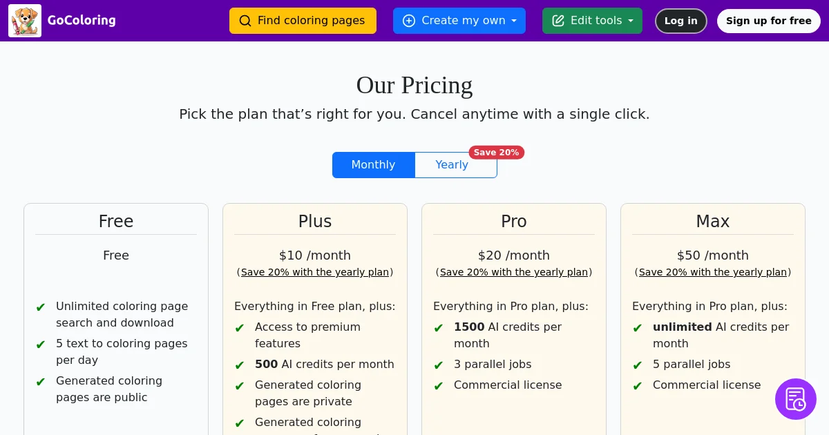 GoColoring pricing page