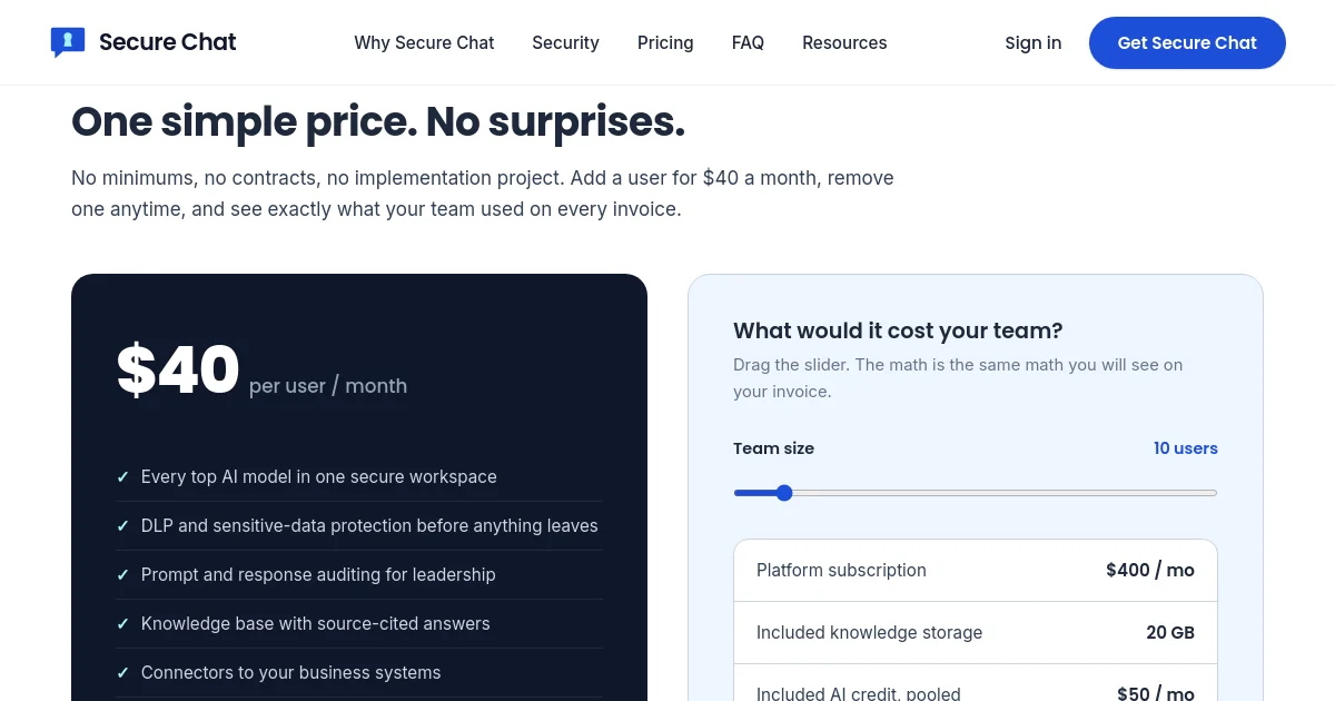 Secure Chat pricing page