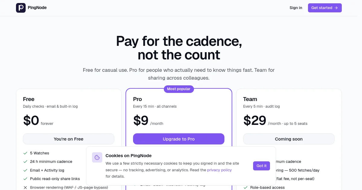 Pingnode pricing page