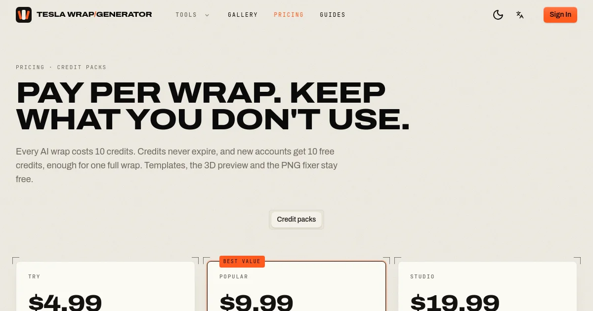Tesla Wrap Generator pricing page