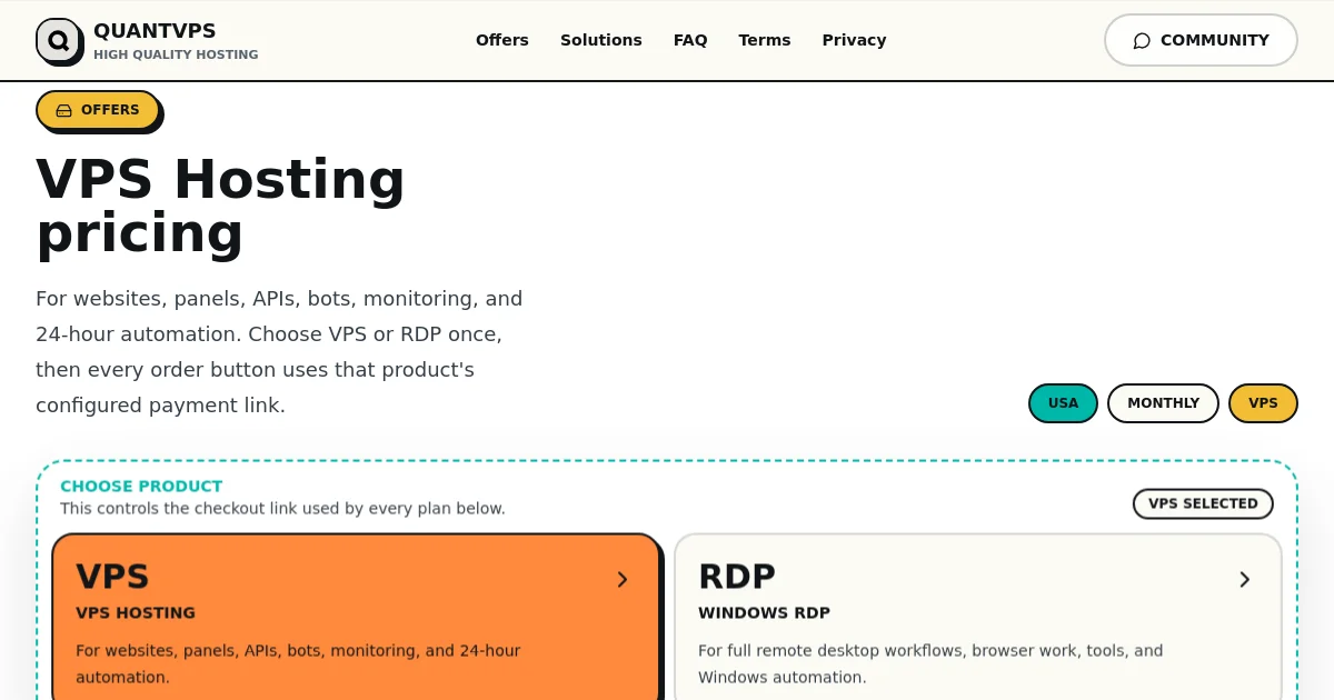 Quantvps pricing page