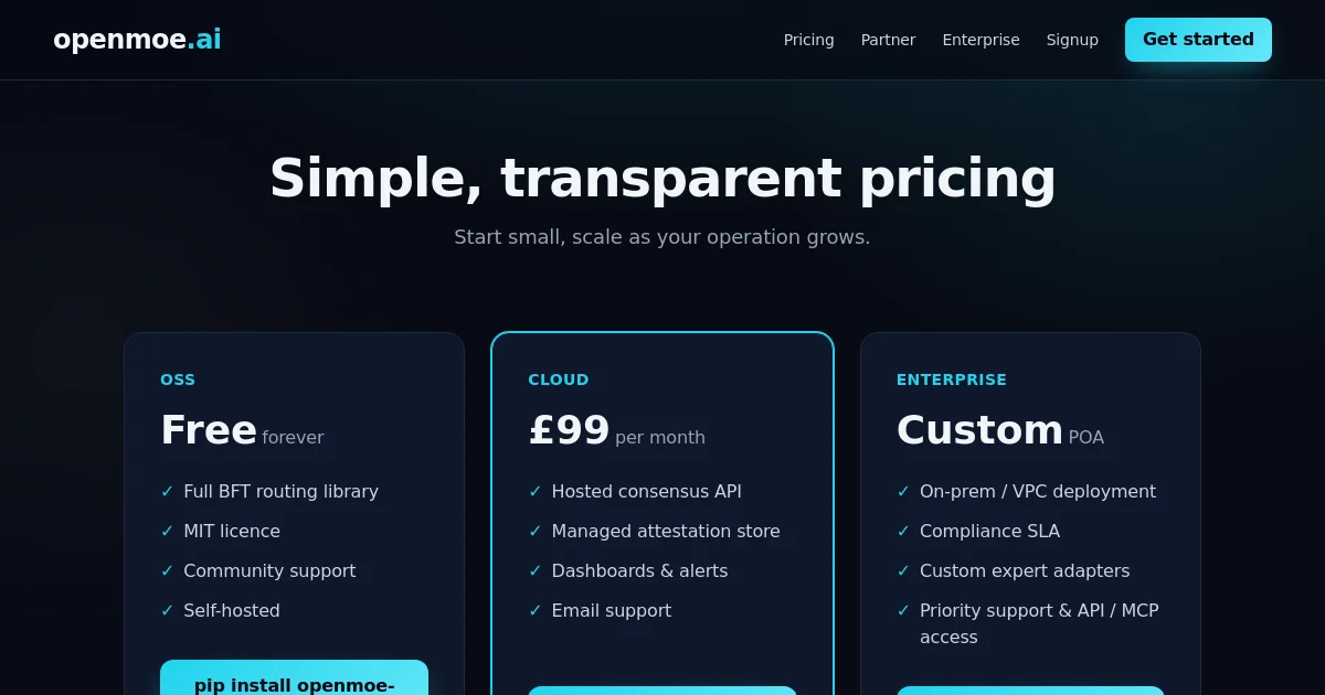 Openmoe pricing page