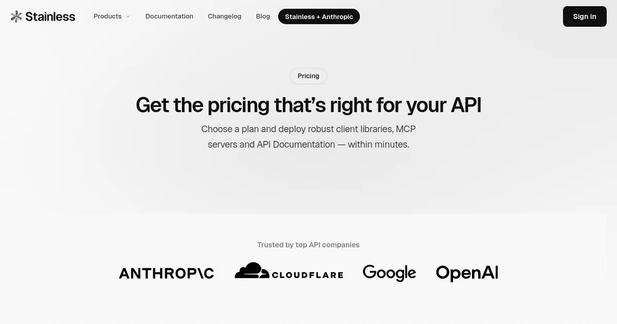 Stainless pricing page