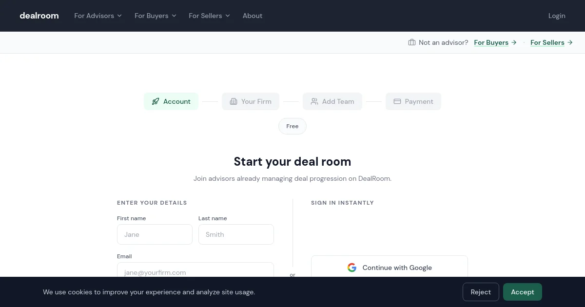 Dealroom pricing page