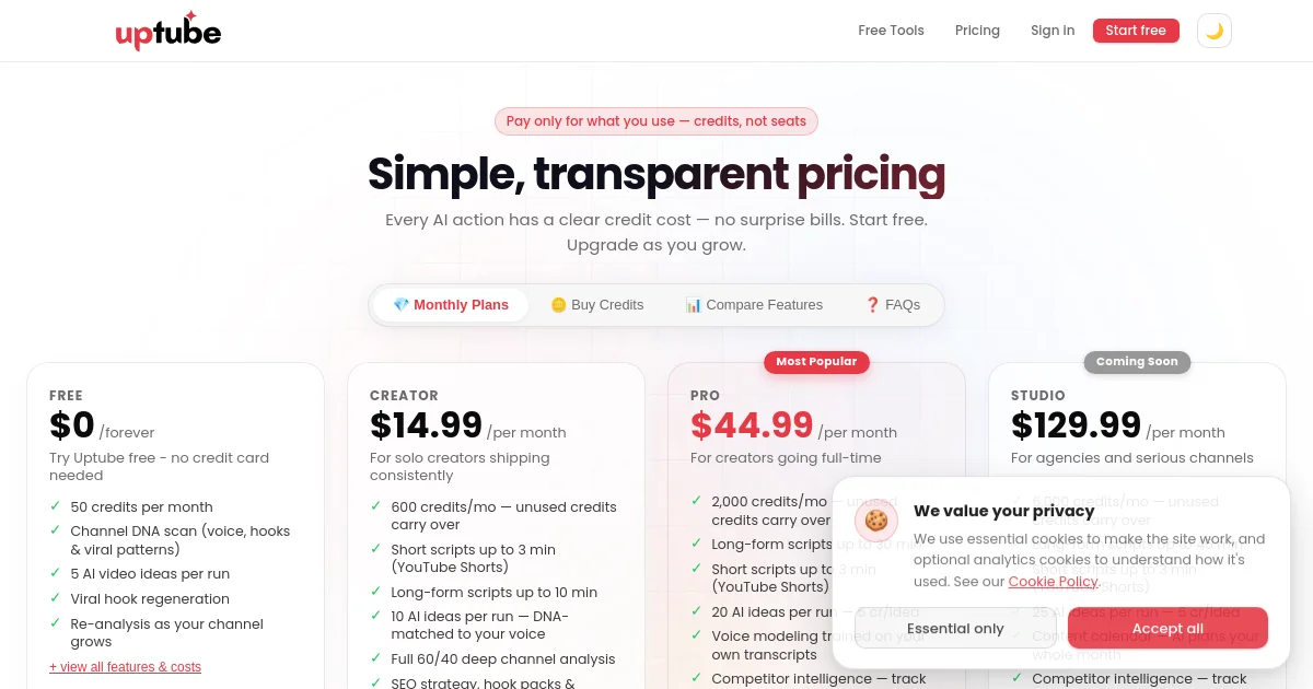 Uptube pricing page