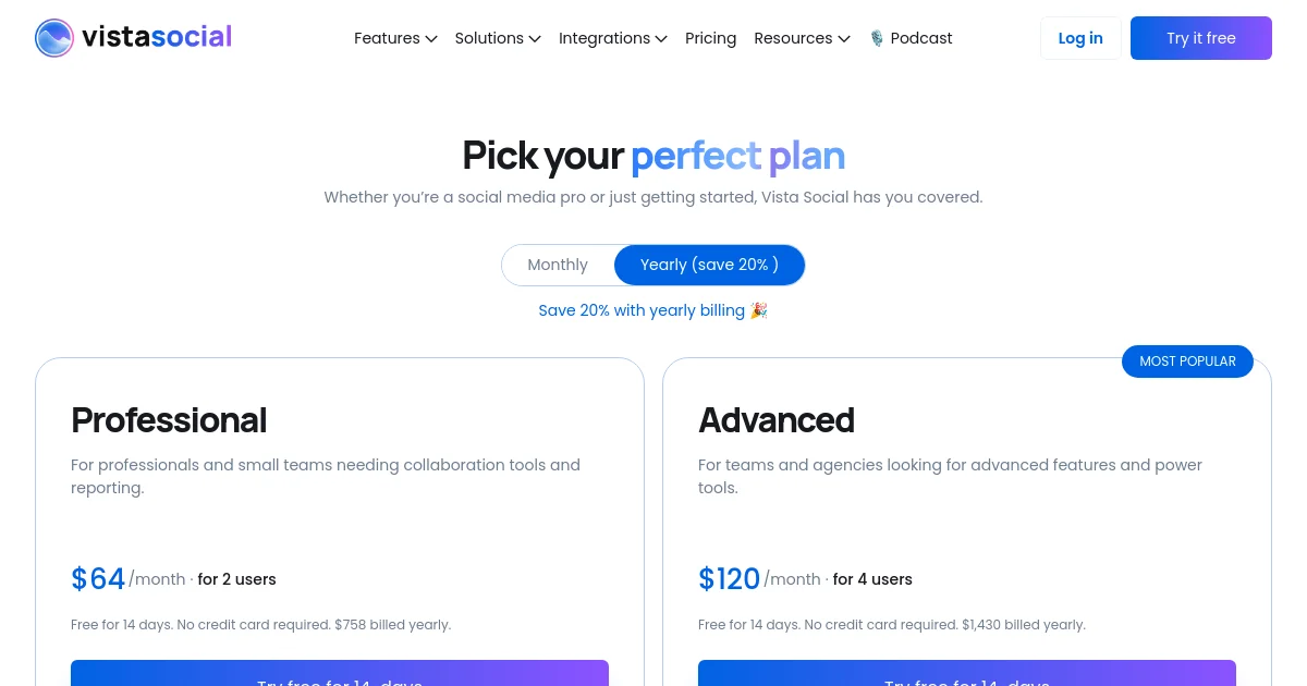 Vista Social pricing page