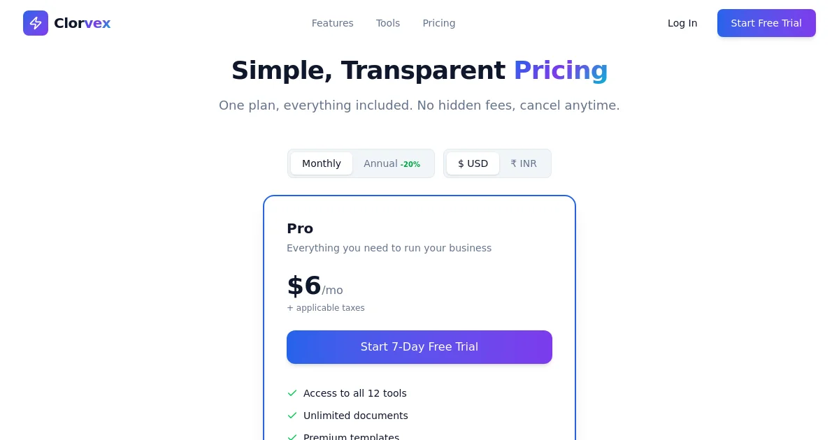 Clorvex pricing page