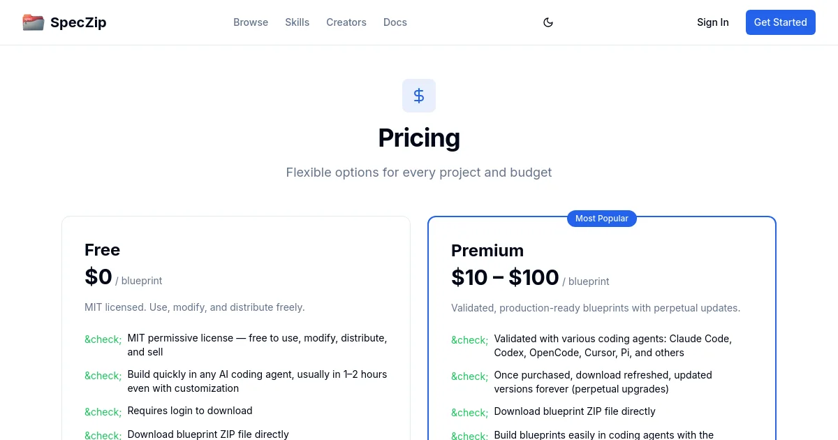 Speczip pricing page