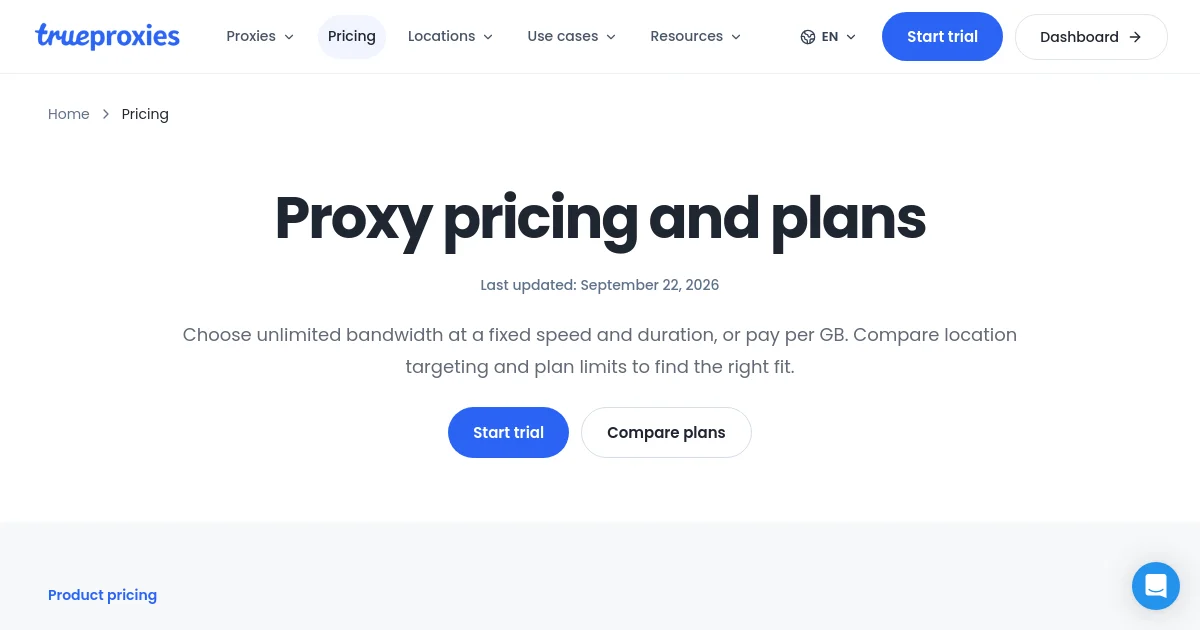 TrueProxies pricing page