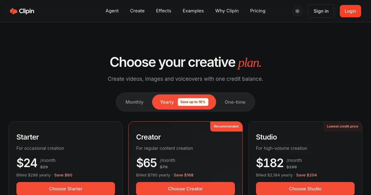 Clipin AI pricing page