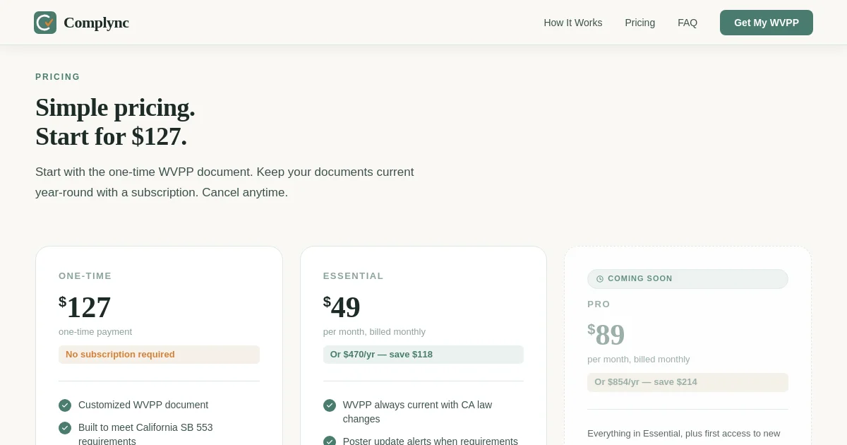 Complync pricing page