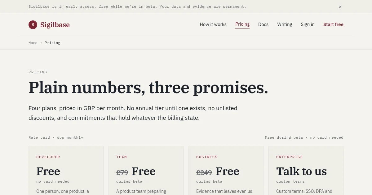 Sigilbase pricing page