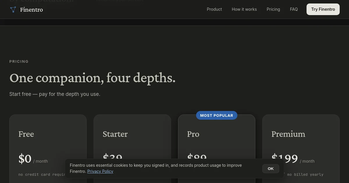 Finentro pricing page