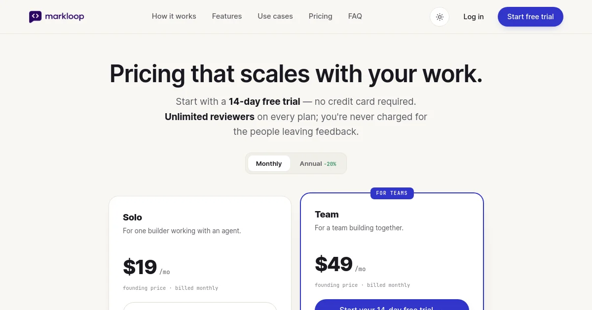 Markloop pricing page