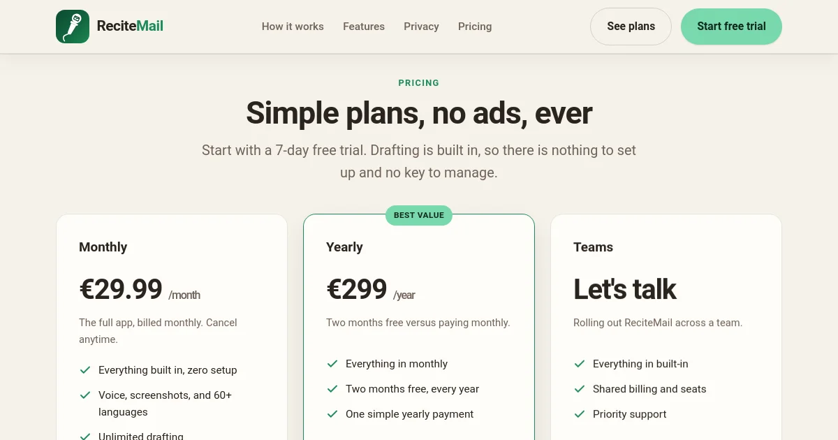 Recitemail pricing page