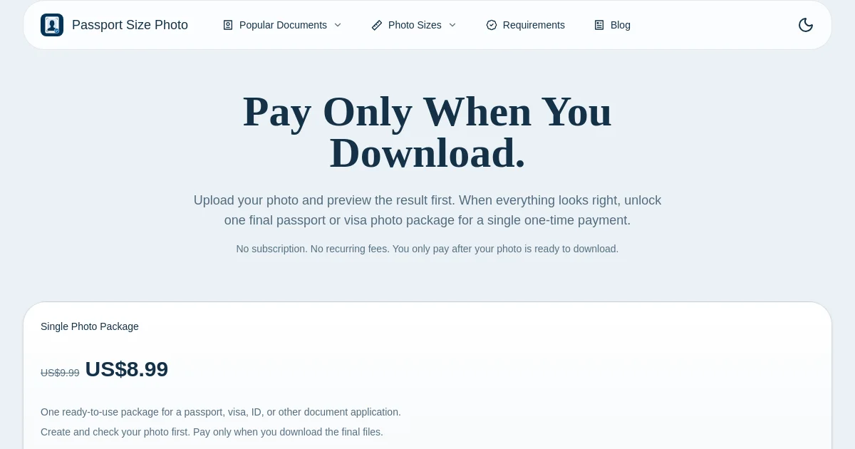 Passport Size Photo pricing page