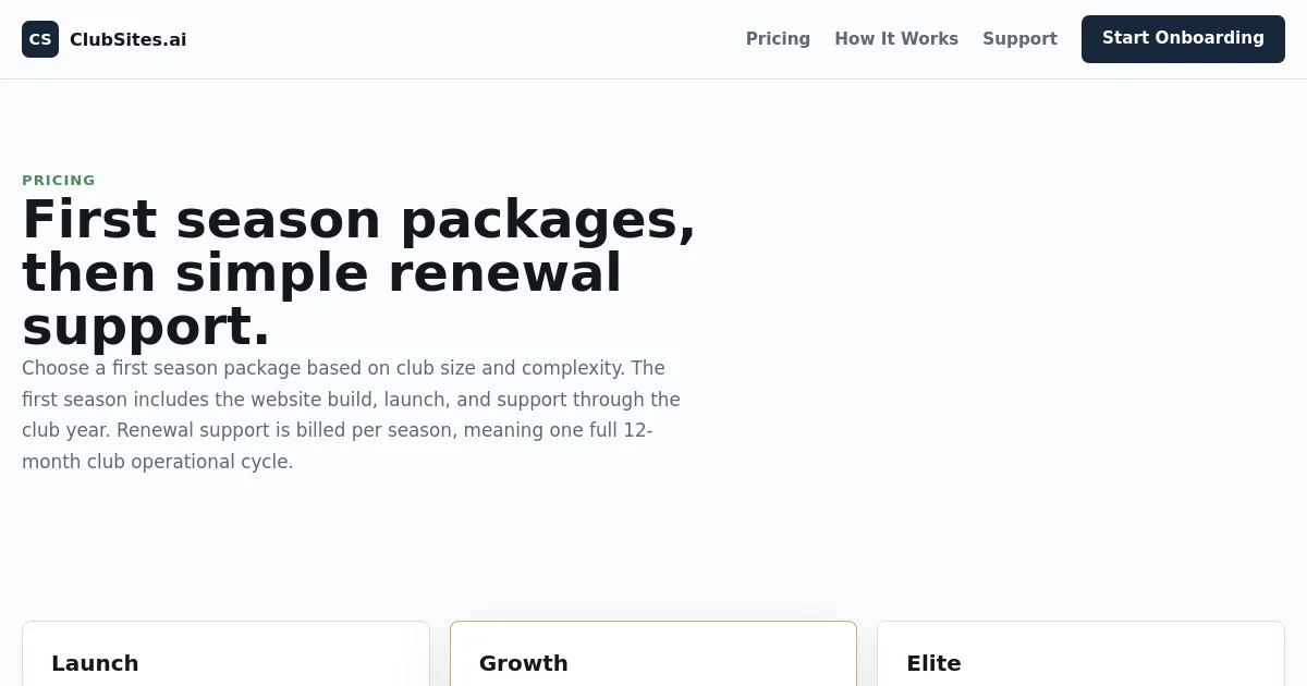 Clubsites pricing page